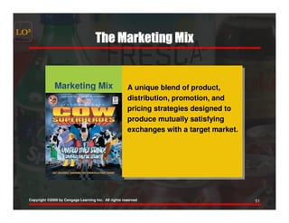 LO8
                                      The Marketing Mix


                Marketing Mix
                Marketing Mix                           A unique blend of product,
                                                        distribution, promotion, and
                                                        pricing strategies designed to
                                                        produce mutually satisfying
                                                        exchanges with a target market.




  Copyright ©2009 by Cengage Learning Inc. All rights reserved                            51
 