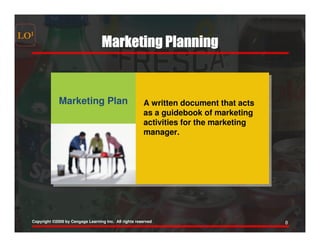 LOI
                                    Marketing Planning


               Marketing Plan
               Marketing Plan                            A written document that acts
                                                         as a guidebook of marketing
                                                         activities for the marketing
                                                         manager.




  Copyright ©2009 by Cengage Learning Inc. All rights reserved                          8
 