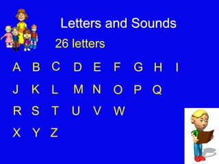Letters and Sounds 
26 letters 
A B C D E F G H I 
J K L M N O P Q 
R S T U V W 
X Y Z 
 