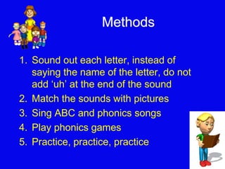 Methods 
1. Sound out each letter, instead of 
saying the name of the letter, do not 
add ‘uh’ at the end of the sound 
2. Match the sounds with pictures 
3. Sing ABC and phonics songs 
4. Play phonics games 
5. Practice, practice, practice 
 