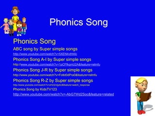 Phonics Song 
Phonics Song 
ABC song by Super simple songs 
http://www.youtube.com/watch?v=5XEN4vtH4Ic 
Phonics Song A-I by Super simple songs 
http://www.youtube.com/watch?v=1pCFfkqmU2A&feature=relmfu 
Phonics Song J-R by Super simple songs 
http://www.youtube.com/watch?v=Fotkt0dPra0&feature=relmfu 
Phonics Song R-Z by Super simple songs 
http://www.youtube.com/watch?v=oHcI2vtjybU&feature=watch_response 
Phonics Song by KidsTV123 
http://www.youtube.com/watch?v=-AbG7Wd2Soc&feature=related 
 