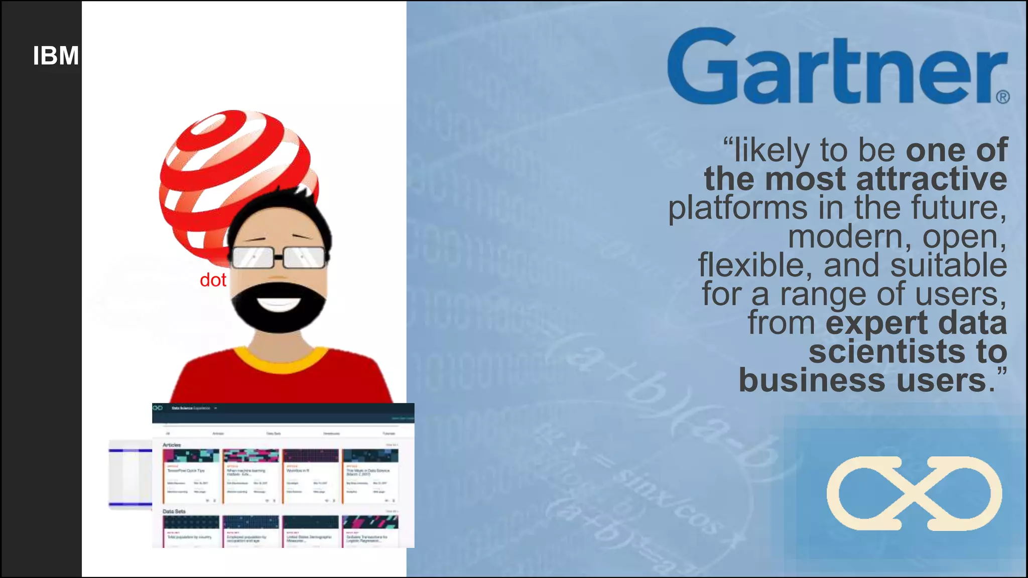 21
“likely to be one of
the most attractive
platforms in the future,
modern, open,
flexible, and suitable
for a range of users,
from expert data
scientists to
business users.”
2017 reddot
Design Award
Winner
IBM Watson Studio Local
 