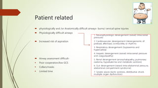 Patient related
 physiologically and /or Anatomically difficult airways- burns/ cervical spine injuries
 Physiologically difficult airways
 Increased risk of aspiration
 Airway assessment difficult-
 Poor cooperation/low GCS
 Collars/masks
 Limited time
 