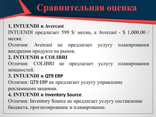 Сравнительная оценка
1. INTUENDI и Avercast
INTUENDI предлагает 599 $/ месяц, а Avercast - $ 1,000.00 /
месяц
Отличия: Avercast не предлагает услугу планирования
внедрения продукта на рынок.
2. INTUENDI и COLIBRI
Отличия: COLIBRI не предлагает услугу планирования
мощностей.
3. INTUENDI и QT9 ERP
Отличия: QT9 ERP не предлагает услугу управление
рекламными акциями.
4. INTUENDI и Inventory Source
Отличия: Inventory Source не предлагает услугу составление
бюджета, прогнозирование и планирование.
 