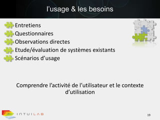 l’usage & les besoinsEntretiens QuestionnairesObservations directesEtude/évaluation de systèmes existantsScénarios d’usage19Comprendre l’activité de l’utilisateur et le contexte d’utilisation 