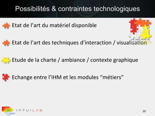 Possibilités & contraintes technologiquesEtat de l’art du matériel disponibleEtat de l’art des techniques d’interaction / visualisationEtude de la charte / ambiance / contexte graphique Echange entre l’IHM et les modules “métiers”20