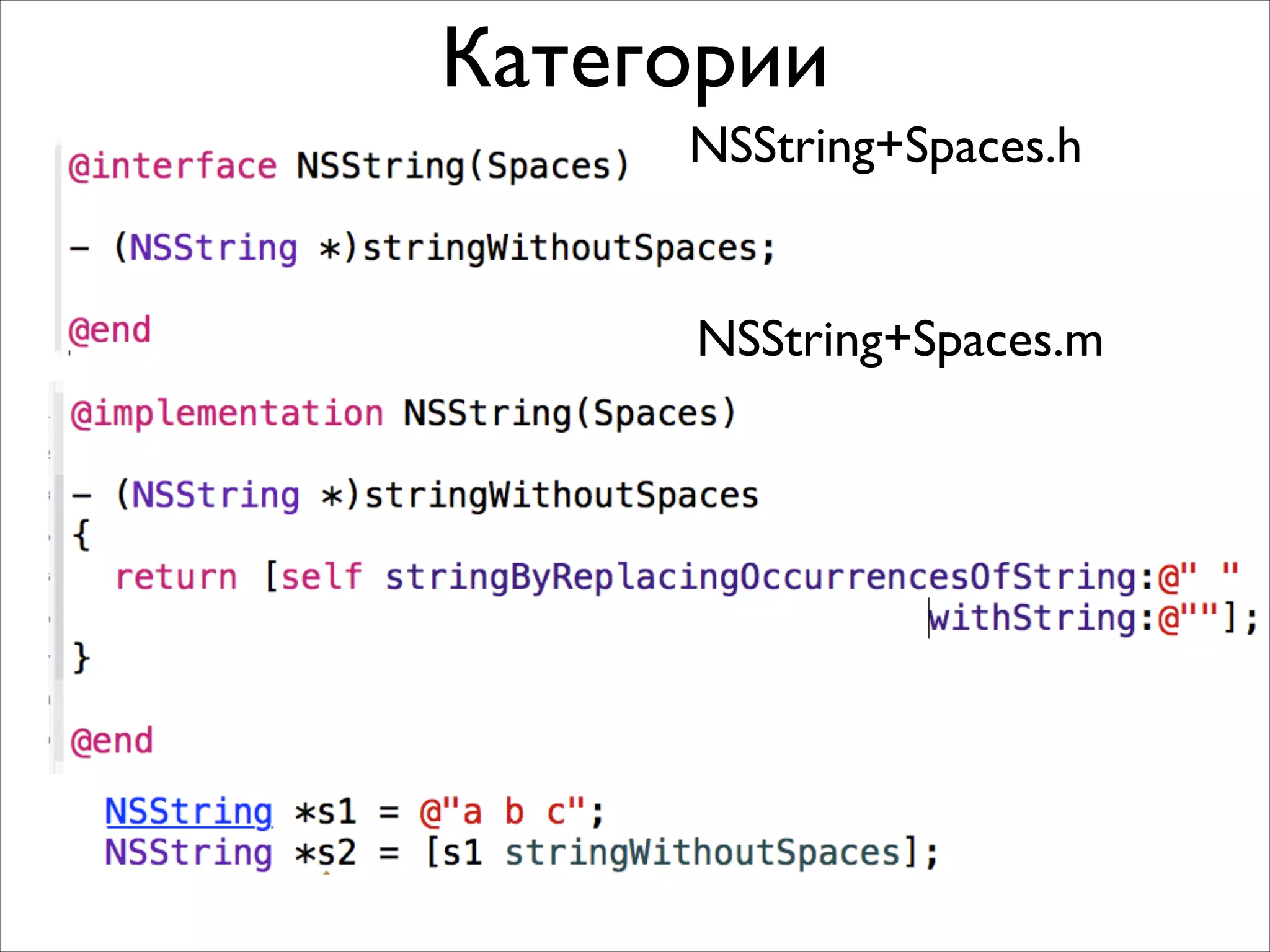 Категории
NSString+Spaces.h

NSString+Spaces.m

 