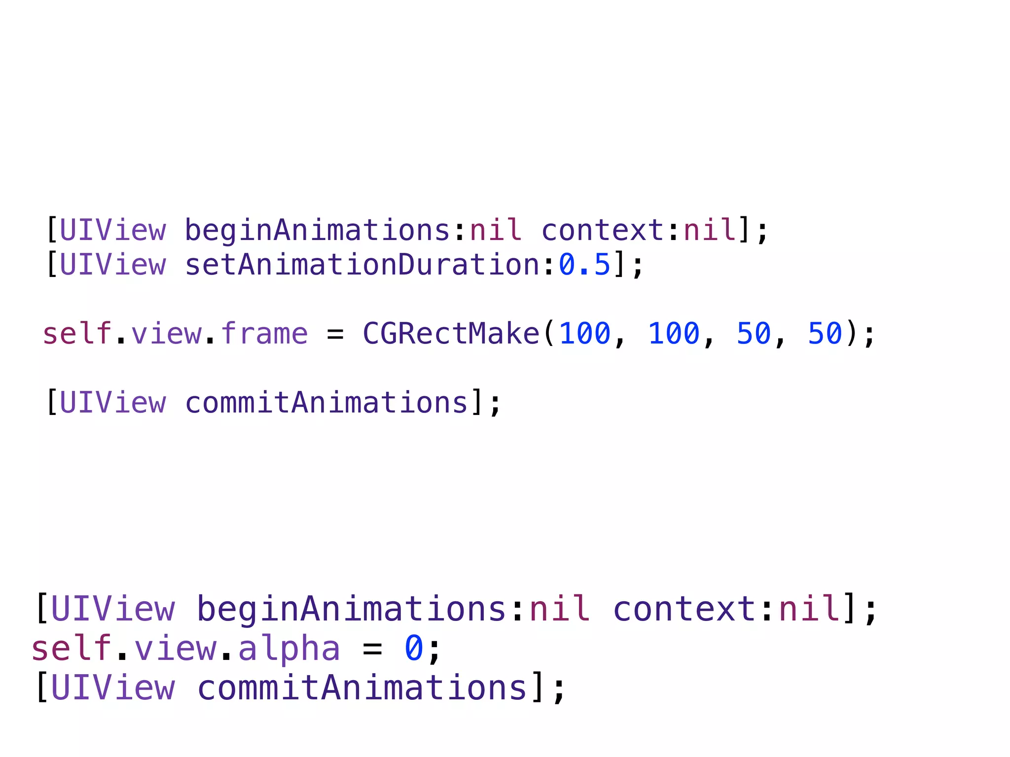 [UIView beginAnimations:nil context:nil];
[UIView setAnimationDuration:0.5];

self.view.frame = CGRectMake(100, 100, 50, 50);

[UIView commitAnimations];




[UIView beginAnimations:nil context:nil];
self.view.alpha = 0;
[UIView commitAnimations];
 