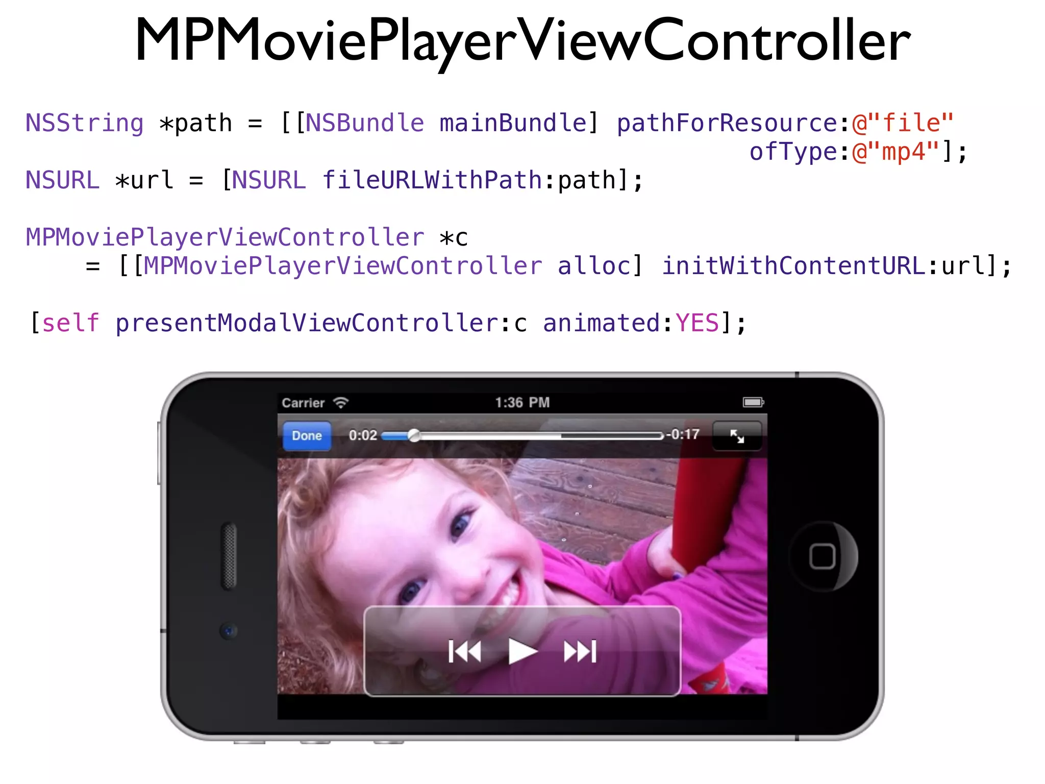 MPMoviePlayerViewController
NSString *path = [[NSBundle mainBundle] pathForResource:@"file"
                                                 ofType:@"mp4"];
NSURL *url = [NSURL fileURLWithPath:path];

MPMoviePlayerViewController *c
    = [[MPMoviePlayerViewController alloc] initWithContentURL:url];

[self presentModalViewController:c animated:YES];
 