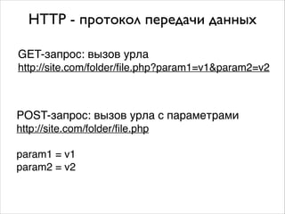 HTTP - протокол передачи данных	

GET-запрос: вызов урла.
http://site.com/folder/ﬁle.php?param1=v1&param2=v2
POST-запрос: вызов урла с параметрами.
http://site.com/folder/ﬁle.php.
.
param1 = v1.
param2 = v2
 