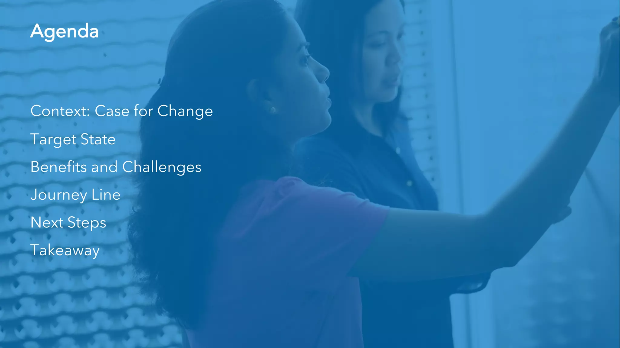 Context: Case for Change
Target State
Benefits and Challenges
Journey Line
Next Steps
Takeaway
Agenda
 