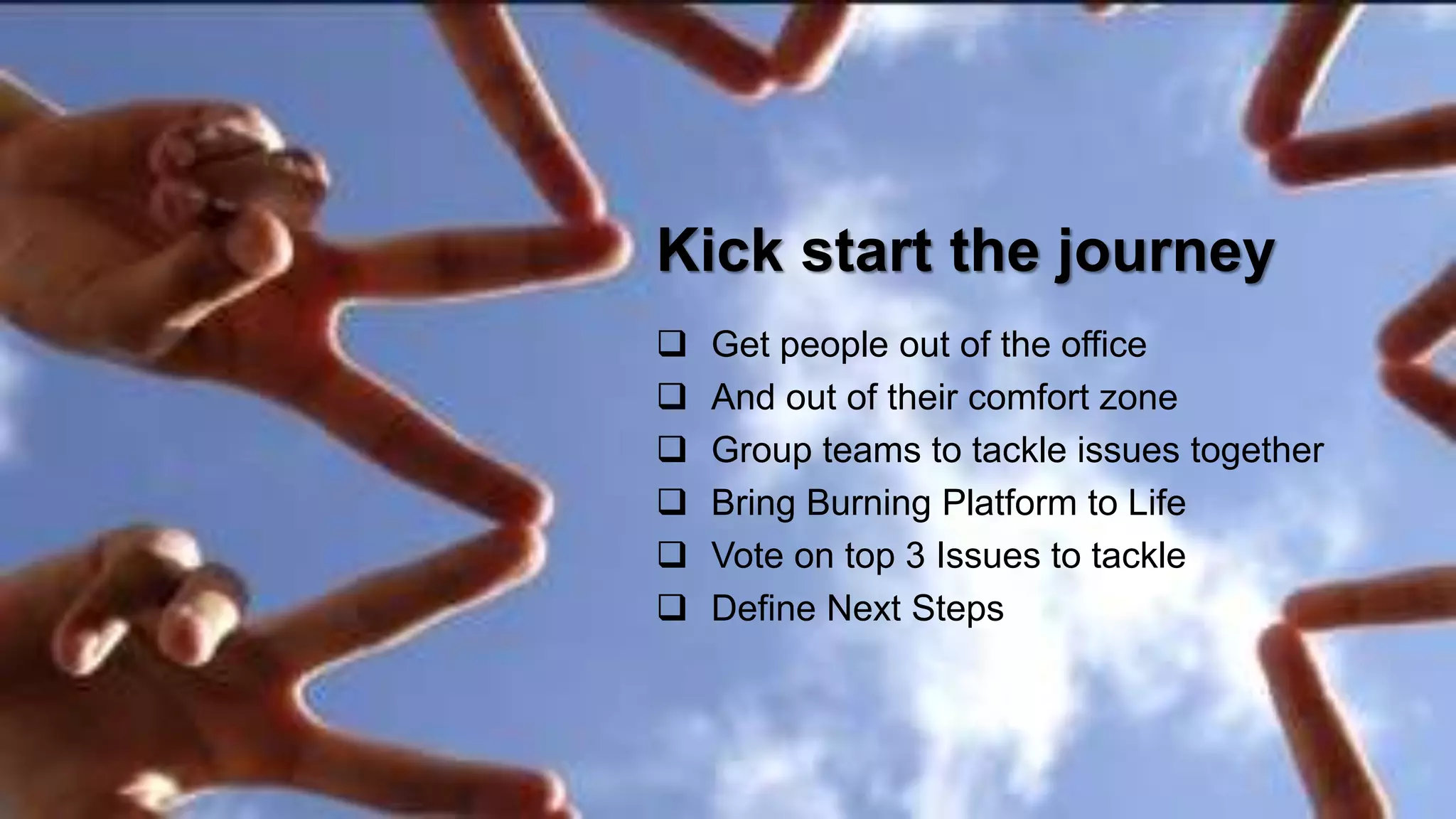 15
Kick start the journey
 Get people out of the office
 And out of their comfort zone
 Group teams to tackle issues together
 Bring Burning Platform to Life
 Vote on top 3 Issues to tackle
 Define Next Steps
 
