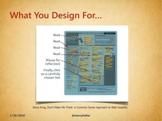 What You Design For…




            Steve Krug, Don‟t Make Me Think: A Common Sense Approach to Web Usability


1/30/2010...