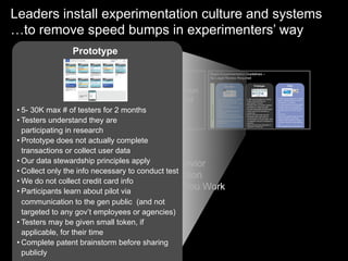 Leaders install experimentation culture and systems
…to remove speed bumps in experimenters’ way
                 Prototype


                             New tools so teams can run
                             many experiments without
                             talking to Legal at all
          Legal
 • 5- 30K max # of testers for 2 months
 • Testers understand they are
   participating in research
 • Prototype does not actually complete
   transactions or collect user data
 • Our data stewardship principles apply à Behavior
                              •  Mindset
 • Collect only the info necessary to conduct test
                              •  Democratize Action
 • We do not collect credit card info
                              •  Becomes How You Work
 • Participants learn about pilot via
   communication to the gen public (and not
   targeted to any gov’t employees or agencies)
 • Testers may be given small token, if
   applicable, for their time
 • Complete patent brainstorm before sharing
   publicly
 