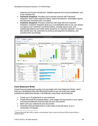 QuickBooks Enterprise Solutions 13.0 White Paper


          expense and income comparison, detailed expense and income breakdown, and
          a top customer list.
         Payments Snapshot. Visualize your business revenue with Payments
          Snapshot. View invoice payment status, recent transactions, receivables reports,
          and payment reminders all in one place.
         Customer Snapshot. Prioritize customers with ease with the Customer
          Snapshot. Customer Snapshot gives you a consolidated view so you can assess
          at a glance your customer’s purchase history, average days to pay, and
          outstanding balance and make timely decisions on customer requests. You can
          also identify your top customers by revenue and payment consistency, and
          prioritize them accordingly.




Intuit Statement Writer
Create financial statements quickly and accurately with Intuit Statement Writer, which
links your QuickBooks files with Microsoft Excel® so you can build and update
professional statements directly in QuickBooks using these robust features:

         Create up to 16 statements in one workbook
         Create Microsoft Word-based letters, cover pages and documents in your report,
          and bring QuickBooks financial data into your documents1
         Batch print your statements and documents
         Generate financial statements on a per-class or per-job basis, or as a
          combination of classes

1
 Requires Microsoft Office 2003 or greater, sold separately. Does not work with Microsoft Office Student Edition or
Standard Edition.



© 2012 Intuit Inc. All rights reserved.                                                                               14
 