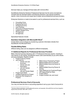 QuickBooks Enterprise Solutions 13.0 White Paper


Services helps you manage all these tasks with minimal effort.

QuickBooks Enterprise Solutions Professional Services has the same core features
included with the standard edition of Enterprise Solutions, plus special workflows,
reports, chart of accounts and expert tips to better serve professional services providers.

Enterprise Solutions is made to be easier to use for professional services firms, such as:

         Consulting Firms
         Engineering Firms
         Architecture Firms
         Law Practices
         Physicians & Dental Practices
         Graphic Design Firms
         PR Agencies
         Ad Agencies

Specialized features include:

Seamless Integration with Microsoft® Word1
Create letters and envelopes by transferring customer information directly from
QuickBooks into Microsoft Word.

Flexible Billing Rates
Different billing rates can be assigned to different employees.

17 Additional Reports for Professional Services Providers
Make informed business decisions with 17 Professional Services reports, including 6
new reports on job costing. QuickBooks tracks costs automatically as you write checks
and pay employees. Reports include:
    Project Costs by Vendor
    Job Costs by:
                                           Billed Versus Proposal by Project
          o Vendor and Job
                                           Billed/Unbilled Hours by Person
              Summary
                                           Billed/Unbilled Hours by Person &
          o Vendor and Job
                                             Project
              Description
                                           Billed/Unbilled Hours by Person &
          o Job and Vendor
                                             Activity
              Summary
                                           Open Balances by Customer/Project
          o Job and Vendor Detail
                                           A/R Aging Detail by Class
    Project Cost Detail
                                           Project Status
    Unbilled Expenses by Project
                                           Project Contact List, and more!
    Expenses Not Assigned to
       Projects


Professional Services Chart of Accounts
You may not have the time or accounting expertise to set up your chart of accounts to

1
  Business software applications, including Microsoft products, sold separately. Microsoft® Word and Excel integration
requires Word and Excel 2003, 2007, or 2010.



© 2012 Intuit Inc. All rights reserved.                                                                                  50
 