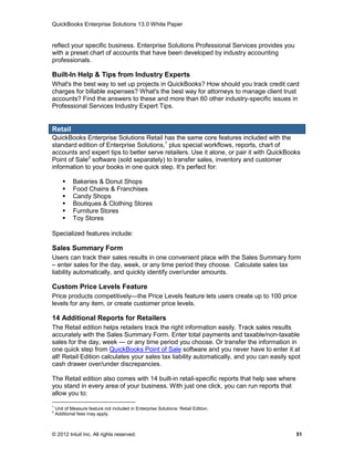 QuickBooks Enterprise Solutions 13.0 White Paper


reflect your specific business. Enterprise Solutions Professional Services provides you
with a preset chart of accounts that have been developed by industry accounting
professionals.

Built-In Help & Tips from Industry Experts
What's the best way to set up projects in QuickBooks? How should you track credit card
charges for billable expenses? What's the best way for attorneys to manage client trust
accounts? Find the answers to these and more than 60 other industry-specific issues in
Professional Services Industry Expert Tips.


Retail
QuickBooks Enterprise Solutions Retail has the same core features included with the
standard edition of Enterprise Solutions,1 plus special workflows, reports, chart of
accounts and expert tips to better serve retailers. Use it alone, or pair it with QuickBooks
Point of Sale2 software (sold separately) to transfer sales, inventory and customer
information to your books in one quick step. It’s perfect for:

            Bakeries & Donut Shops
            Food Chains & Franchises
            Candy Shops
            Boutiques & Clothing Stores
            Furniture Stores
            Toy Stores

Specialized features include:

Sales Summary Form
Users can track their sales results in one convenient place with the Sales Summary form
– enter sales for the day, week, or any time period they choose. Calculate sales tax
liability automatically, and quickly identify over/under amounts.

Custom Price Levels Feature
Price products competitively—the Price Levels feature lets users create up to 100 price
levels for any item, or create customer price levels.

14 Additional Reports for Retailers
The Retail edition helps retailers track the right information easily. Track sales results
accurately with the Sales Summary Form. Enter total payments and taxable/non-taxable
sales for the day, week — or any time period you choose. Or transfer the information in
one quick step from QuickBooks Point of Sale software and you never have to enter it at
all! Retail Edition calculates your sales tax liability automatically, and you can easily spot
cash drawer over/under discrepancies.

The Retail edition also comes with 14 built-in retail-specific reports that help see where
you stand in every area of your business. With just one click, you can run reports that
allow you to:
1
    Unit of Measure feature not included in Enterprise Solutions: Retail Edition.
2
    Additional fees may apply.



© 2012 Intuit Inc. All rights reserved.                                                      51
 