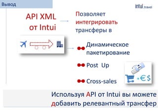 Вывод
Используя API от Intui вы можете
добавить релевантный трансфер
Post Up
Динамическое
пакетирование
Cross-sales
API XML
от Intui
Позволяет
интегрировать
трансферы в
 