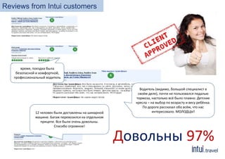 Водитель (видимо, большой специалист в
своём деле), почти не пользовался педалью
тормоза, настолько всё было плавно. Детские
кресла – на выбор по возрасту и весу ребёнка.
По дороге рассказал обо всём, что нас
интересовало. МОЛОДЦЫ!
время, поездка была
безопасной и комфортной,
профессиональный водитель
12 человек были доставлены на шикарной
машине. Багаж перевозился на отдельном
прицепе. Все были очень довольны.
Спасибо огромное!
Reviews from Intui customers
Довольны 97%
 