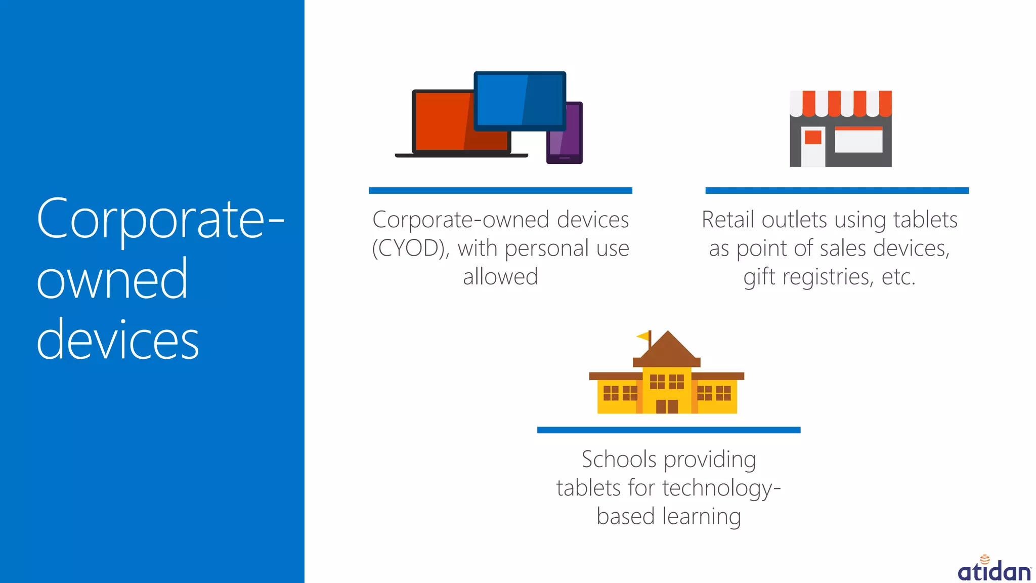 Corporate-
owned
devices
Corporate-owned devices
(CYOD), with personal use
allowed
Retail outlets using tablets
as point of sales devices,
gift registries, etc.
Schools providing
tablets for technology-
based learning
 