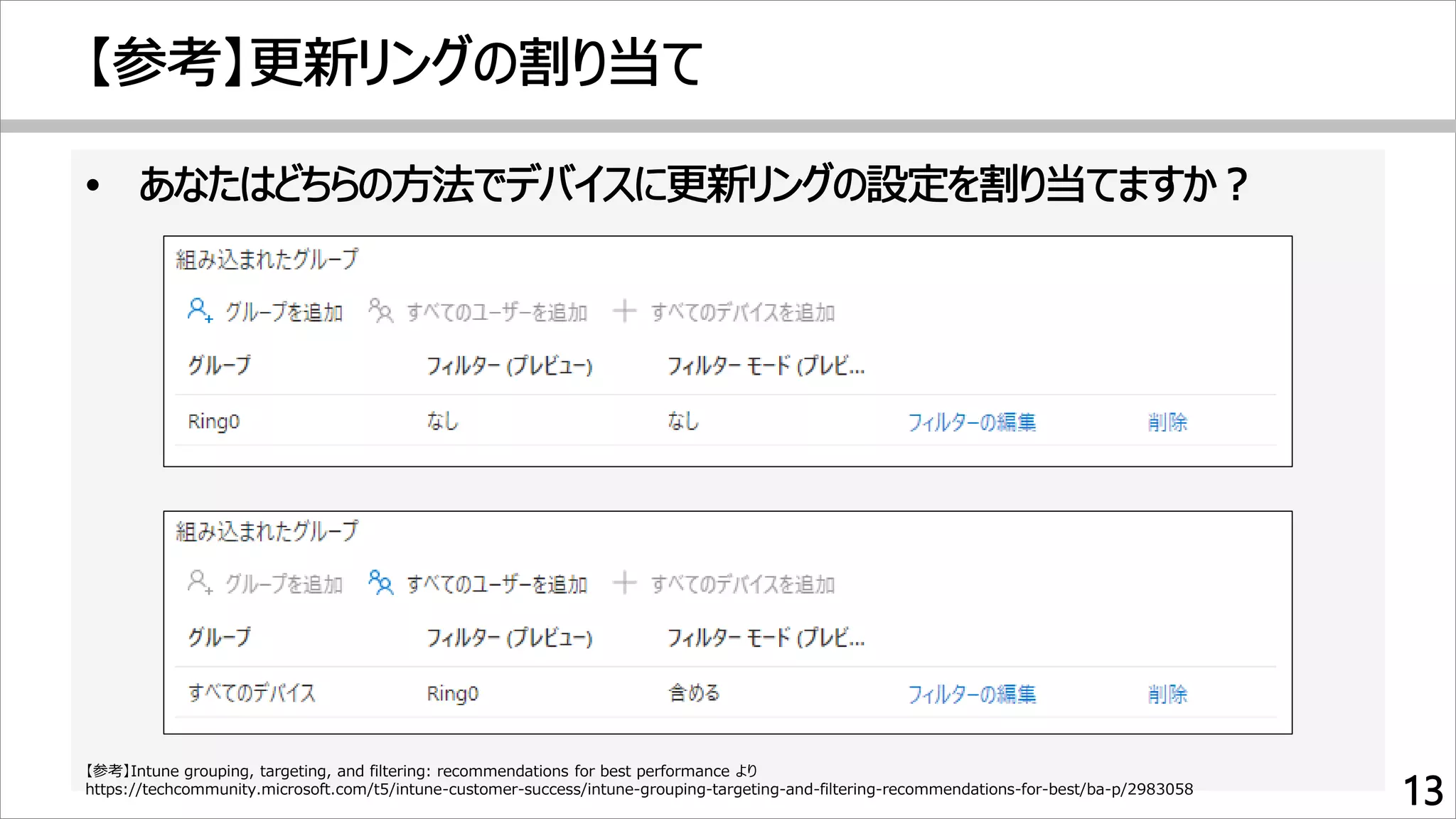 【参考】Intune grouping, targeting, and filtering: recommendations for best performance より
https://techcommunity.microsoft.com/t5/intune-customer-success/intune-grouping-targeting-and-filtering-recommendations-for-best/ba-p/2983058
 