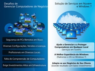 Desafios de                                     Solução de Serviços em Nuvem
 Gerenciar Computadores de Negócios                                e Windows 7




                                                  Ajude a Gerenciar e a Proteger
Diversas Configurações, Versões e Licenças       Computadores em Qualquer Local
                                                       (Serviços em nuvem)
     Profissionais em Diversos Locais
                                                 A Melhor Experiência do Windows
                                                   (Padronize o OS no Windows 7)
 Falta de Compreensão de Computadores
                                               Adapta-se aos Negócios do Seu Cliente
Exige Investimentos Altos em Infraestrutura   (Grande resultado com baixo investimento)
 
