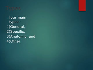 four main
types:
1)General,
2)Specific,
3)Anatomic, and
4)Other
 