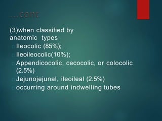 (3)when classified by
anatomic types
Ileocolic (85%);
Ileoileocolic(10%);
Appendicocolic, cecocolic, or colocolic
(2.5%)
Jejunojejunal, ileoileal (2.5%)
occurring around indwelling tubes
 