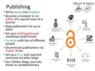 Publishing
• Write books and chapters
• Become a reviewer or an
editor of a special issue of a
journal
• Keep publication list up to
date!
• Set up a writing group or
workshop (real/virtual)
• Co-write with lots of different
people
• Disseminate publications via
Tweet, fb etc.
• Set up a blog and read and
comment on other blogs
• See Twitter, blogs, journals,
books as complementary
 