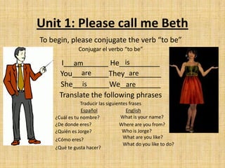 Unit 1: Please call me Beth
To begin, please conjugate the verb “to be”
Conjugar el verbo “to be”
I___________ He__________
You_________They_________
She_________We__________
Translate the following phrases
Traducir las siguientes frases
Español English
¿Cuál es tu nombre?
¿De donde eres?
¿Quién es Jorge?
What are you like?
What do you like to do?
What is your name?
Where are you from?
Who is Jorge?
¿Cómo eres?
¿Qué te gusta hacer?
am is
is
are are
are
 