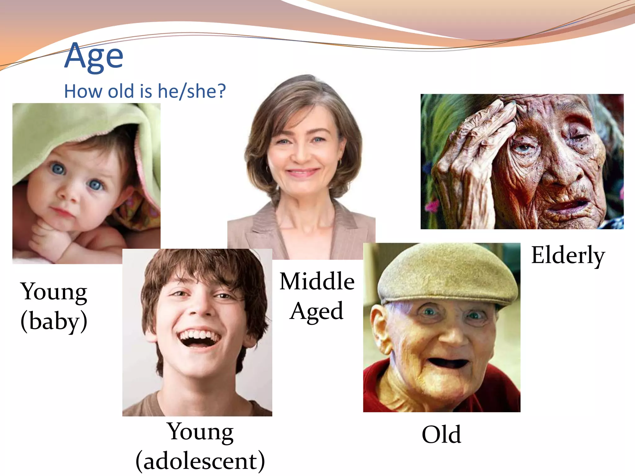Age
How old is he/she?
Young
(baby)
Young
(adolescent)
Middle
Aged
Old
Elderly
 