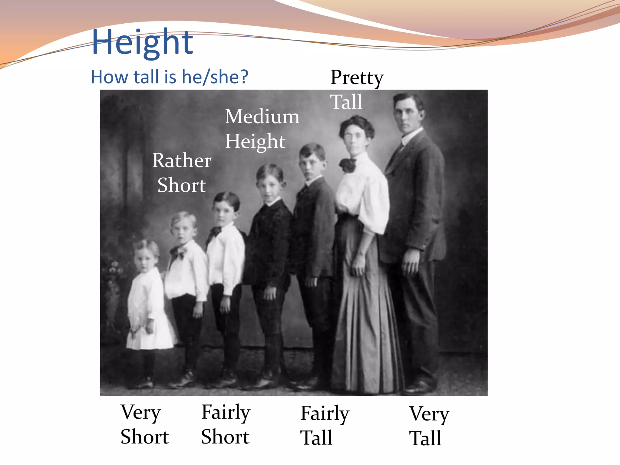 Height
How tall is he/she?
Very
Short
Rather
Short
Fairly
Short
Medium
Height
Fairly
Tall
Pretty
Tall
Very
Tall
 