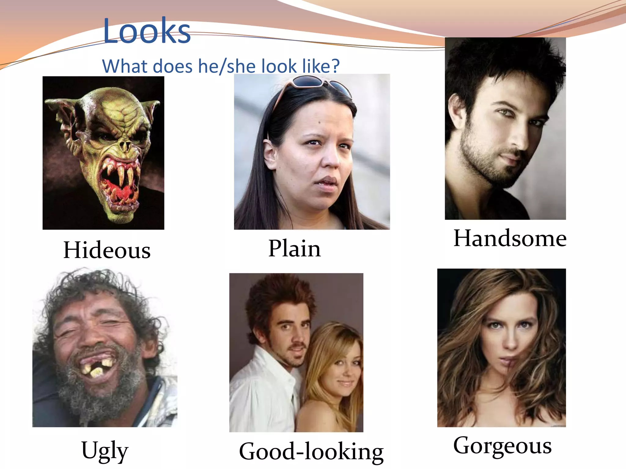 Looks
What does he/she look like?
Hideous
Ugly
Plain
Good-looking
Handsome
Gorgeous
 