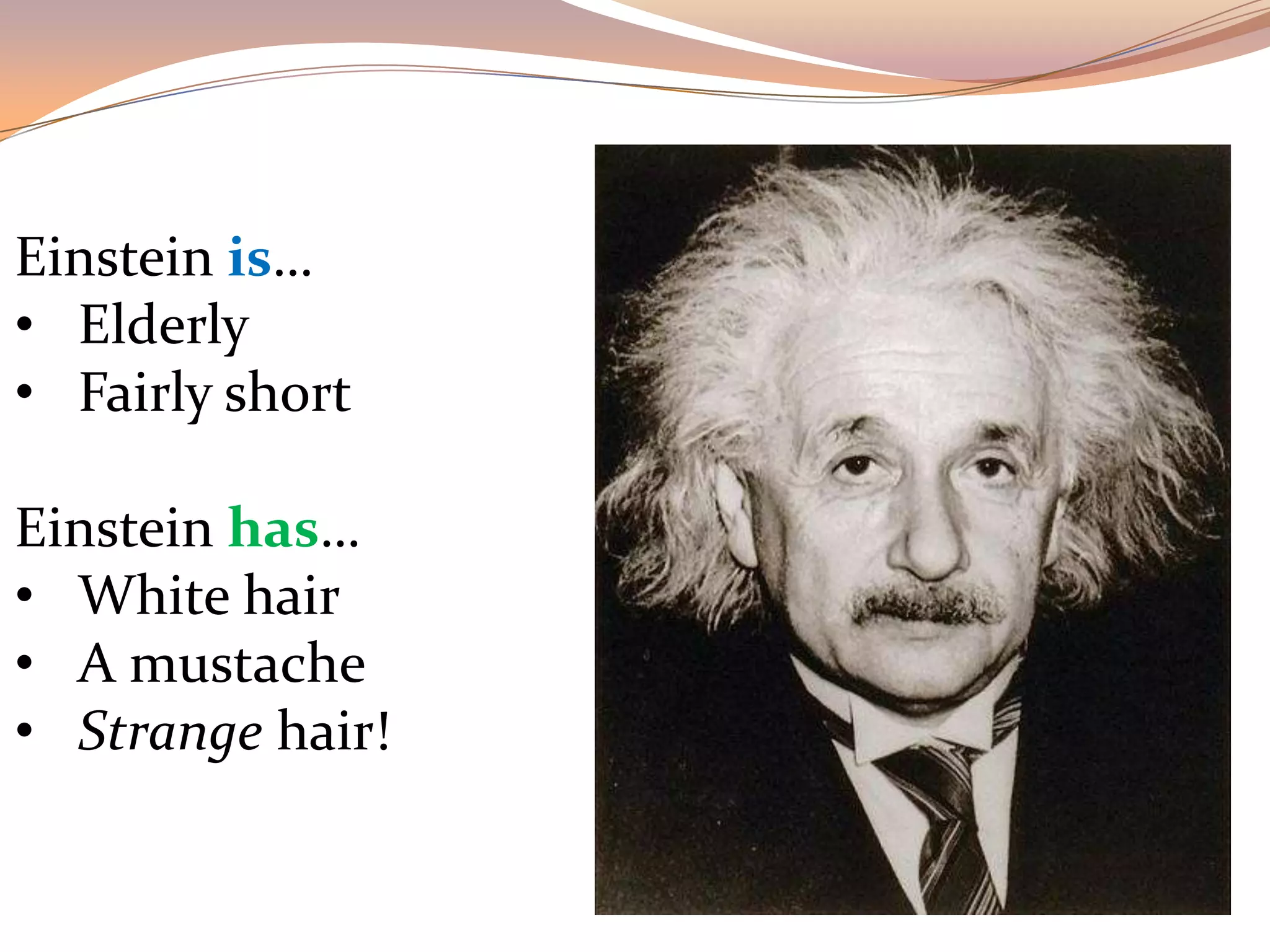 Einstein is…
• Elderly
• Fairly short
Einstein has…
• White hair
• A mustache
• Strange hair!
 