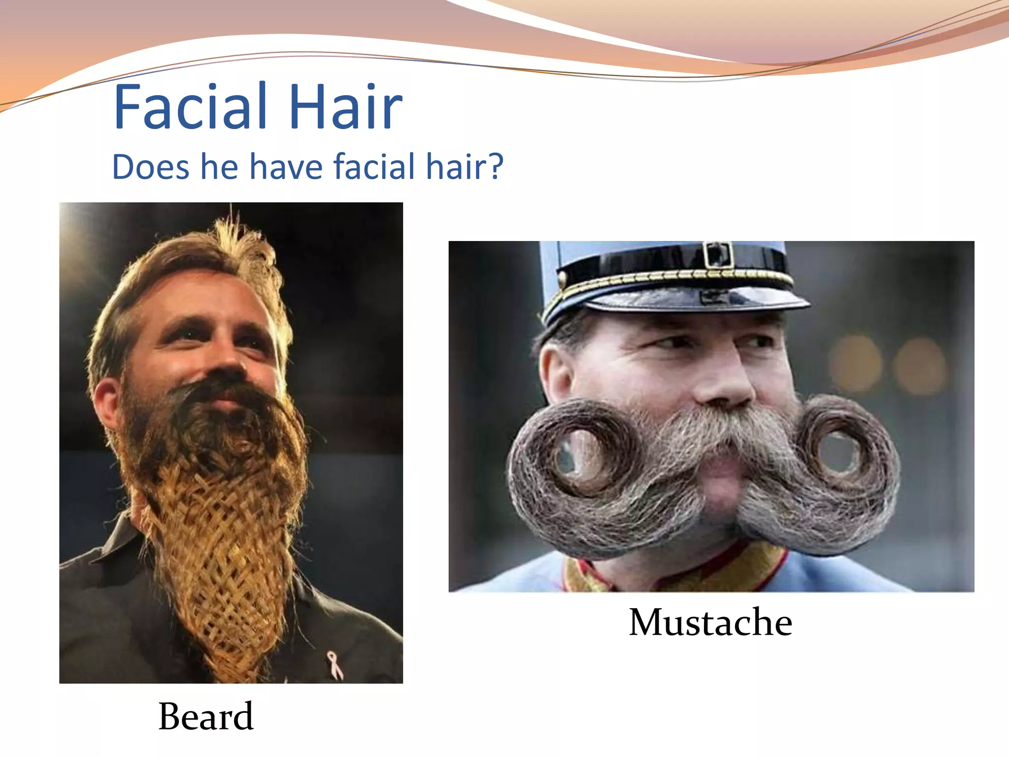 Facial Hair
Does he have facial hair?
Beard
Mustache
 