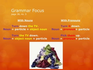 With Nouns
Turn down the TV.
Noun + particle + object noun
Turn the TV down.
Noun + object noun + particle
Grammar Focus
page 38, no. 5
With Pronouns
Turn it down.
Noun + pronoun+ particle
Pick them up.
Noun + pronoun+ particle
 