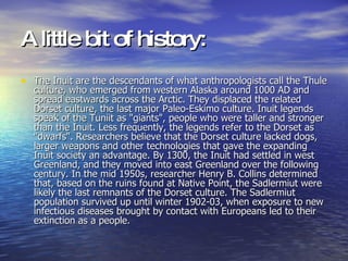 A little bit of history:   The Inuit are the descendants of what anthropologists call the Thule culture, who emerged from western Alaska around 1000 AD and spread eastwards across the Arctic. They displaced the related Dorset culture, the last major Paleo-Eskimo culture .  Inuit legends speak of the Tuniit as "giants", people who were taller and stronger than the Inuit. Less frequently, the legends refer to the Dorset as "dwarfs". Researchers believe that the Dorset culture lacked dogs, larger weapons and other technologies that gave the expanding Inuit society an advantage. By 1300, the Inuit had settled in west Greenland, and they moved into east Greenland over the following century. In the mid 1950s, researcher Henry B. Collins determined that, based on the ruins found at Native Point, the Sadlermiut were likely the last remnants of the Dorset culture. The Sadlermiut population survived up until winter 1902-03, when exposure to new infectious diseases brought by contact with Europeans led to their extinction as a people.   