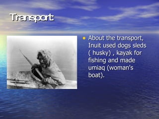 Transport: About the transport, Inuit used dogs sleds ( husky) , kayak for fishing and made umiaq (woman's boat). 