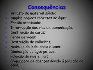  Arrasto de material sólido;
 Amplas regiões cobertas de água;
 Erosão acentuada;
 Interrupção das vias de comunicação;
 Destruição de casas;
 Perda de vidas;
 Destruição de colheitas;
 Acúmulo de lodo, areia e lama;
 Diminuição de água potável;
 Poluição de rios e mar;
 Propagação de doenças devido á poluição da
água.
 