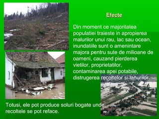 Efecte
Din moment ce majoritatea
populatiei traieste in apropierea
malurilor unui rau, lac sau ocean,
inundatiile sunt o amenintare
majora pentru sute de milioane de
oameni, cauzand pierderea
vietilor, proprietatilor,
contaminarea apei potabile,
distrugerea recoltelor si lanurilor.

Totusi, ele pot produce soluri bogate unde
recoltele se pot reface.

 