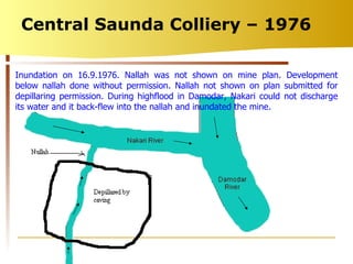 Central Saunda Colliery – 1976 Inundation on 16.9.1976. Nallah was not shown on mine plan. Development below nallah done without permission. Nallah not shown on plan submitted for depillaring permission. During highflood in Damodar, Nakari could not discharge its water and it back-flew into the nallah and inundated the mine. 