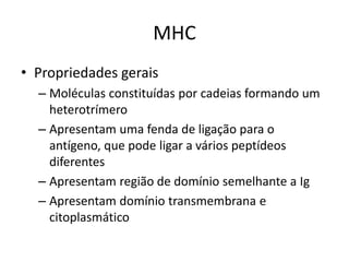 MHC
• Propriedades gerais
– Moléculas constituídas por cadeias formando um
heterotrímero
– Apresentam uma fenda de ligação para o
antígeno, que pode ligar a vários peptídeos
diferentes
– Apresentam região de domínio semelhante a Ig
– Apresentam domínio transmembrana e
citoplasmático
 