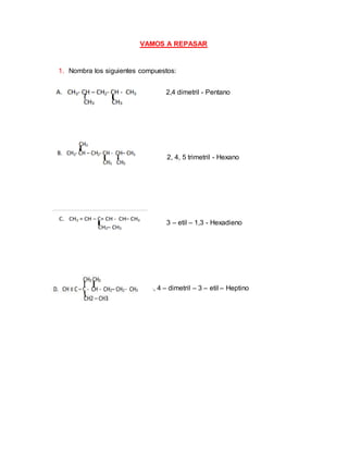VAMOS A REPASAR
1. Nombra los siguientes compuestos:
2,4 dimetril - Pentano
2, 4, 5 trimetril - Hexano
3 – etil – 1,3 - Hexadieno
3, 4 – dimetril – 3 – etil – Heptino
 