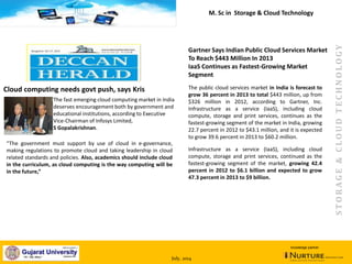July, 2014
knowledge partner
STORAGE&CLOUDTECHNOLOGY
The fast emerging cloud computing market in India
deserves encouragement both by government and
educational institutions, according to Executive
Vice-Chairman of Infosys Limited,
S Gopalakrishnan.
“The government must support by use of cloud in e-governance,
making regulations to promote cloud and taking leadership in cloud
related standards and policies. Also, academics should include cloud
in the curriculum, as cloud computing is the way computing will be
in the future,”
Bangalore: Oct 17, 2013
Cloud computing needs govt push, says Kris
Gartner Says Indian Public Cloud Services Market
To Reach $443 Million In 2013
IaaS Continues as Fastest-Growing Market
Segment
The public cloud services market in India is forecast to
grow 36 percent in 2013 to total $443 million, up from
$326 million in 2012, according to Gartner, Inc.
Infrastructure as a service (IaaS), including cloud
compute, storage and print services, continues as the
fastest-growing segment of the market in India, growing
22.7 percent in 2012 to $43.1 million, and it is expected
to grow 39.6 percent in 2013 to $60.2 million.
Infrastructure as a service (IaaS), including cloud
compute, storage and print services, continued as the
fastest-growing segment of the market, growing 42.4
percent in 2012 to $6.1 billion and expected to grow
47.3 percent in 2013 to $9 billion.
M. Sc in Storage & Cloud Technology
 