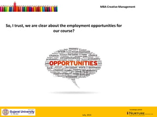 So, I trust, we are clear about the employment opportunities for
our course?
knowledge partner
MBA Creative Management
July, 2014
 