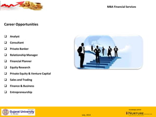 January, 2014
Career Opportunities
 Analyst
 Consultant
 Private Banker
 Relationship Manager
 Financial Planner
 Equity Research
 Private Equity & Venture Capital
 Sales and Trading
 Finance & Business
 Entrepreneurship
43
MBA Financial Services
knowledge partner
July, 2014
 