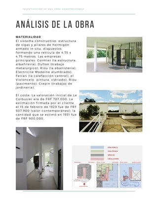 El sistema constructivo: estructura
de vigas y pilares de hormigón
armado in situ, dispuestos
formando una retícula de 4.75 x
4.75 metros. Las empresas
principales: Cormier (la estructura,
albañilería); Duflon (trabajo
metalúrgico); Riou (la ebanistería);
Electricite Moderne alumbrado);
Ferrari (la calefacción central); el
Violoncelo pintura, vidriado); Riou
(pavimento); Crepin (trabajos de
jardinería).
El coste: La valoración inicial de Le
Corbusier era de FRF 787,000. La
estimación firmada por el cliente
el 15 de febrero de 1929 fue de FRF
507,900 (valor contemporáneo); la
cantidad que se estimó en 1931 fue
de FRF 900,000.
INVESTIGACIÓN DE UNA OBRA ARQUITECTÓNICA
ANÁLISIS DE LA OBRA
MATERIALIDAD
 