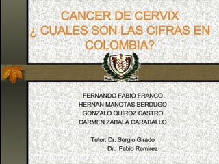 CANCER DE CERVIX ¿ CUALES SON LAS CIFRAS EN COLOMBIA? FERNANDO FABIO FRANCO HERNAN MANOTAS BERDUGO GONZALO QUIROZ CASTRO CARMEN ZABALA CARABALLO Tutor: Dr. Sergio Girado Dr.  Fabio Ramirez 
