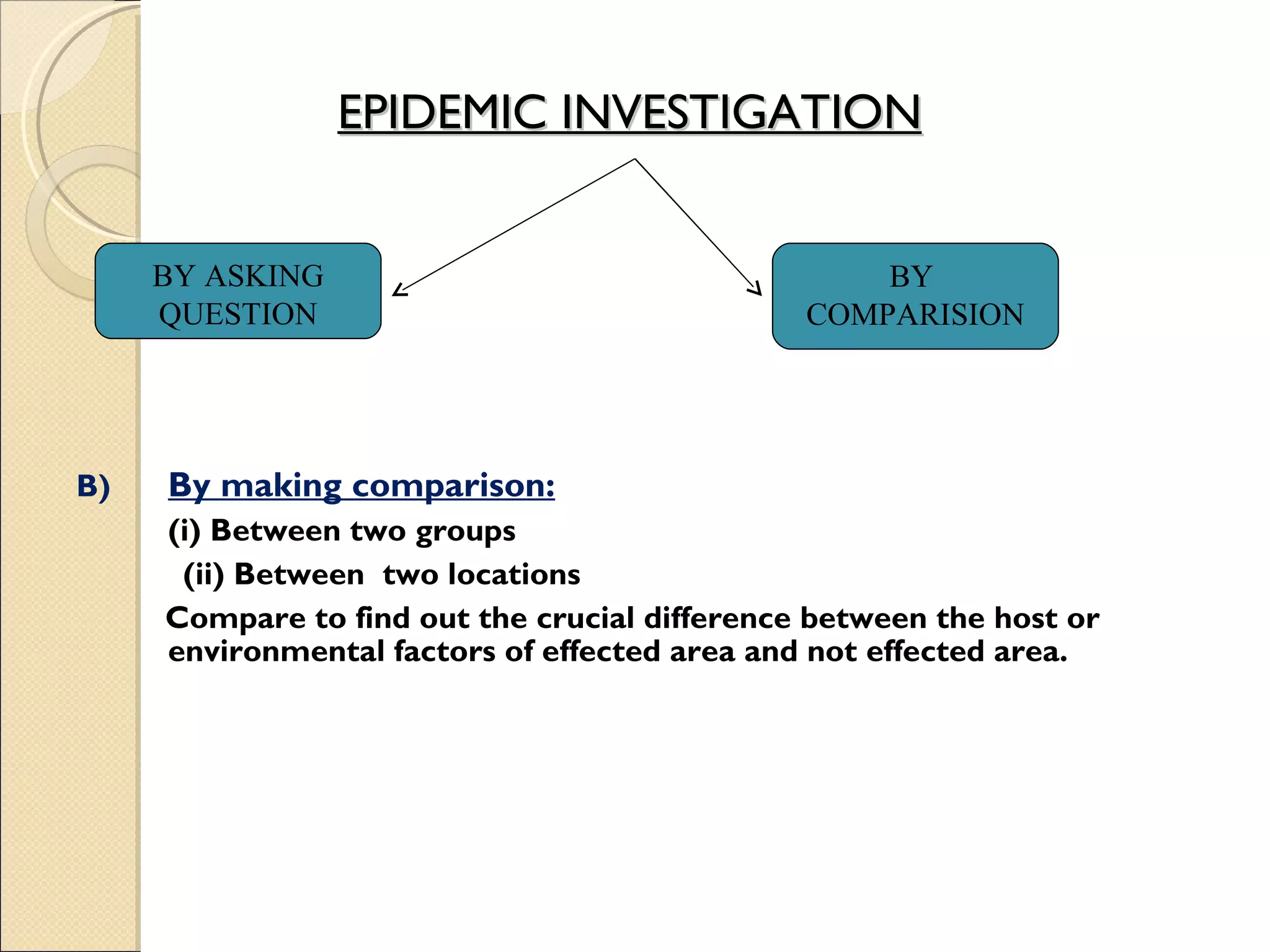 EPIDEMIC INVESTIGATION B) By making comparison: (i) Between two groups (ii) Between  two locations  Compare to find out the crucial difference between the host or environmental factors of effected area and not effected area.  BY ASKING QUESTION BY  COMPARISION 