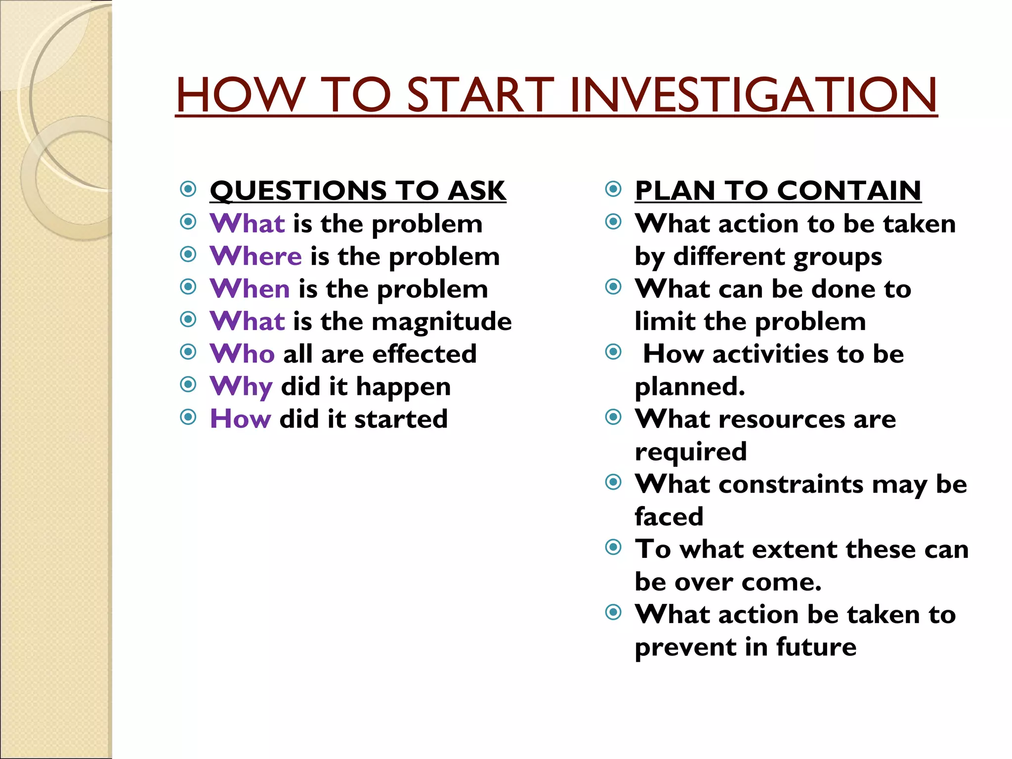 HOW TO START INVESTIGATION QUESTIONS TO ASK What  is the problem Where  is the problem When  is the problem What  is the magnitude Who  all are effected Why  did it happen How  did it started PLAN TO CONTAIN What action to be taken by different groups What can be done to limit the problem How activities to be planned. What resources are required What constraints may be faced To what extent these can be over come. What action be taken to prevent in future 